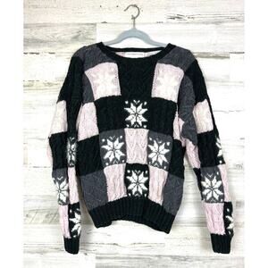 Paris Sport club women's L Vintage pink cotton Hand knitted snowflake sweater